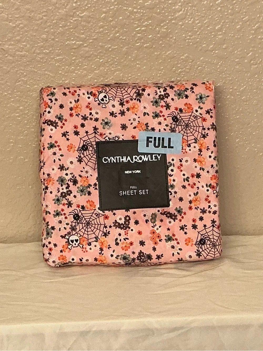 Cynthia Rowley Halloween Pink Floral Spiderwebs & Skulls Full Sheet Set
